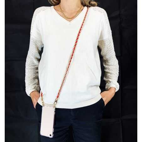 Coque Renforcée En Verre Trempé Transparente Pour Iphone 15 Pro (6.1) Lanière / Cordon Chaine suspendue Rouge