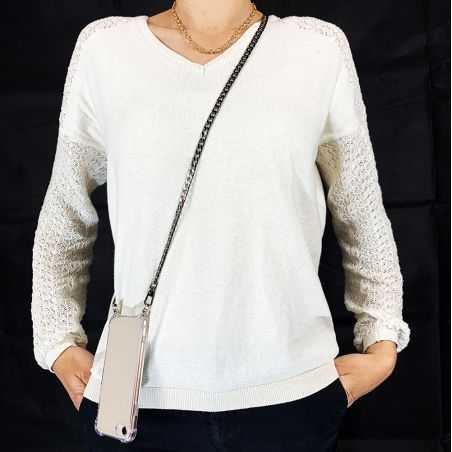 Coque Renforcée En Verre Trempé Transparente Pour Iphone 15 Pro (6.1) Lanière / Cordon Metal Plate Noir