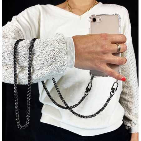 Coque Renforcée En Verre Trempé Transparente Pour Iphone 15 Pro (6.1) Lanière / Cordon Metal Serpent Noir