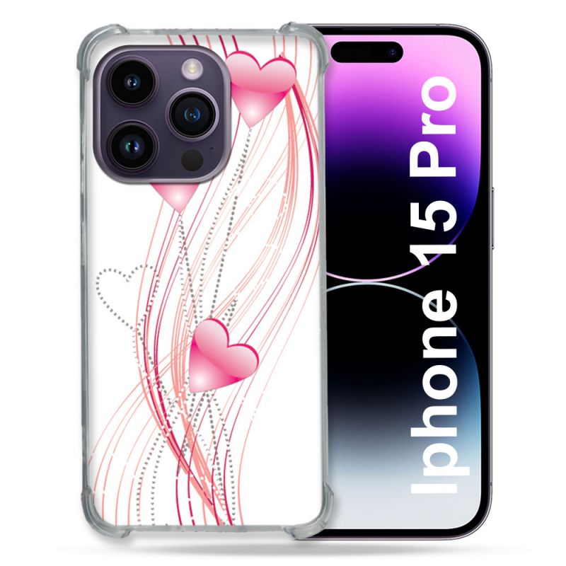 Coque Renforcée En Verre Trempé Pour Iphone 15 Pro (6.1) Amour Coeur Rose Montant sur Blanc