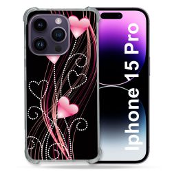 Coque Renforcée En Verre Trempé Pour Iphone 15 Pro (6.1) Amour Coeur Rose Montant sur Noir