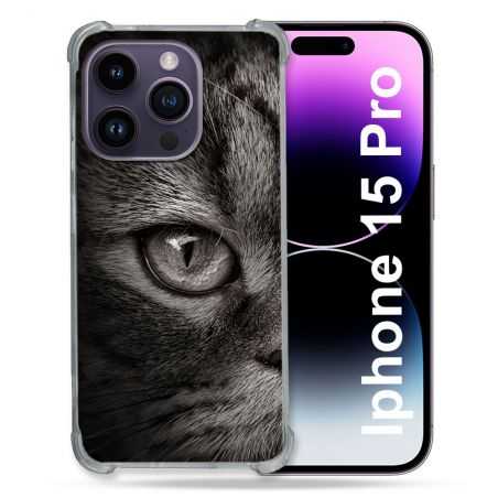 Coque Renforcée En Verre Trempé Pour Iphone 15 Pro (6.1) Animal Chat Gris