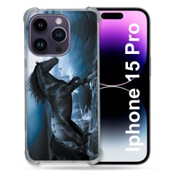 Coque Renforcée En Verre Trempé Pour Iphone 15 Pro (6.1) Animal Cheval Noir