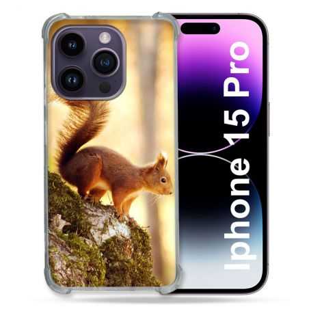 Coque Renforcée En Verre Trempé Pour Iphone 15 Pro (6.1) Animal Ecureuil Bois