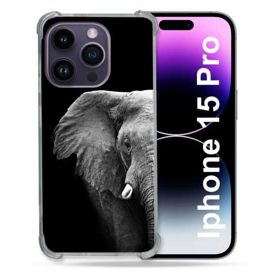 Coque Renforcée En Verre Trempé Pour Iphone 15 Pro (6.1) Animal Elephant Noir