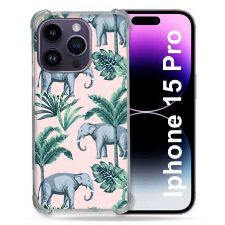 Coque Renforcée En Verre Trempé Pour Iphone 15 Pro (6.1) Animal Elephant Pattern