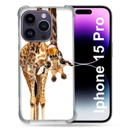 Coque Renforcée En Verre Trempé Pour Iphone 15 Pro (6.1) Animal Girafe Blanche