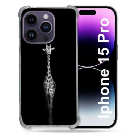 Coque Renforcée En Verre Trempé Pour Iphone 15 Pro (6.1) Animal Girafe Noire