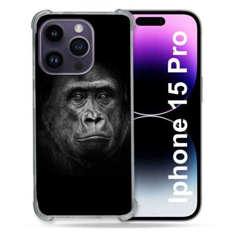 Coque Renforcée En Verre Trempé Pour Iphone 15 Pro (6.1) Animal Gorille Noir