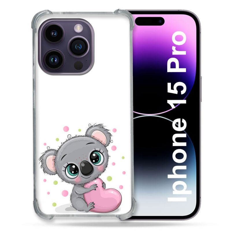 Coque Renforcée En Verre Trempé Pour Iphone 15 Pro (6.1) Animal Koala Cœur
