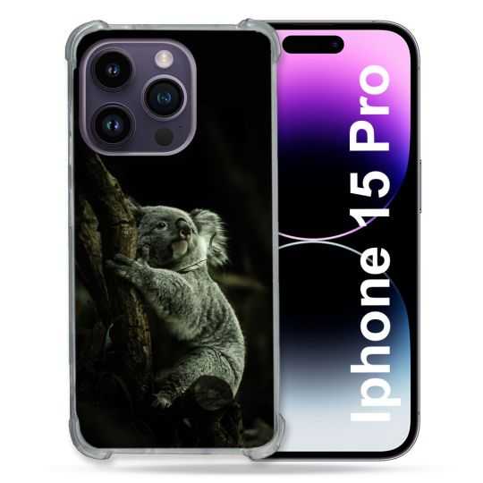 Coque Renforcée En Verre Trempé Pour Iphone 15 Pro (6.1) Animal Koala Noir