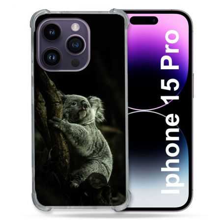 Coque Renforcée En Verre Trempé Pour Iphone 15 Pro (6.1) Animal Koala Noir