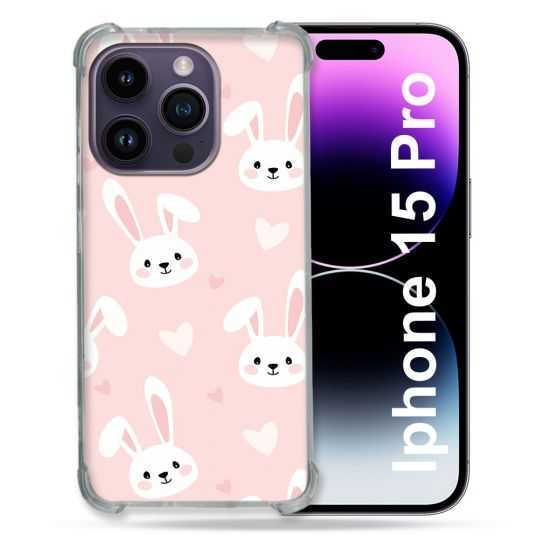 Coque Renforcée En Verre Trempé Pour Iphone 15 Pro (6.1) Animal Lapin Rose