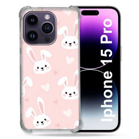 Coque Renforcée En Verre Trempé Pour Iphone 15 Pro (6.1) Animal Lapin Rose