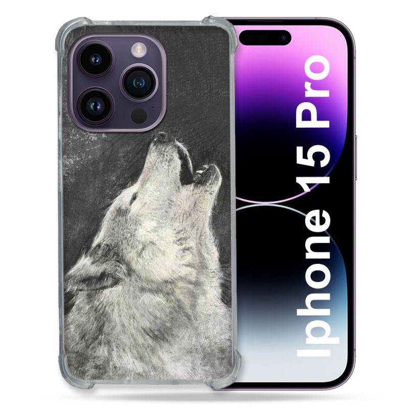 Coque Renforcée En Verre Trempé Pour Iphone 15 Pro (6.1) Animal Loup Hurlement