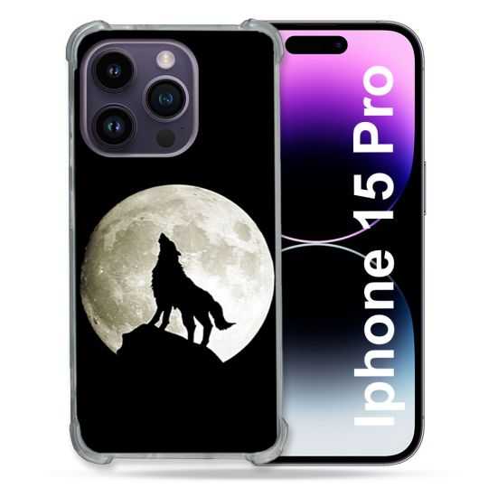 Coque Renforcée En Verre Trempé Pour Iphone 15 Pro (6.1) Animal Loup Noir