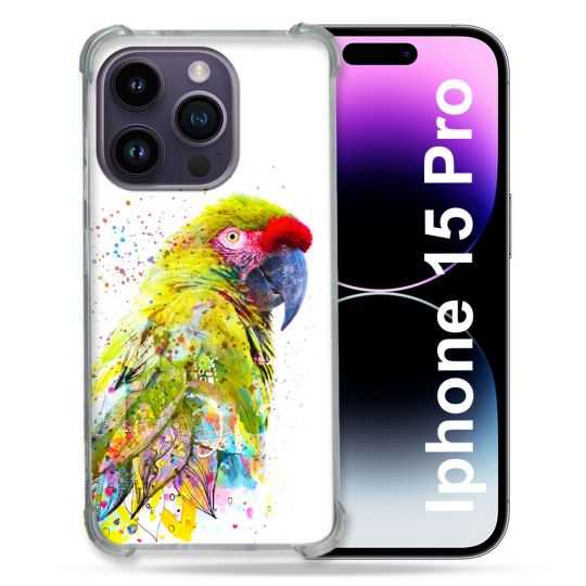 Coque Renforcée En Verre Trempé Pour Iphone 15 Pro (6.1) Animal Perroquet Jaune