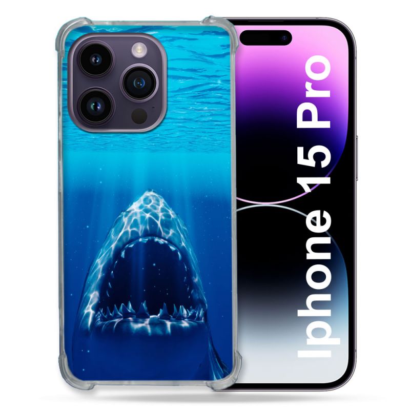 Coque Renforcée En Verre Trempé Pour Iphone 15 Pro (6.1) Animal Requin Dent