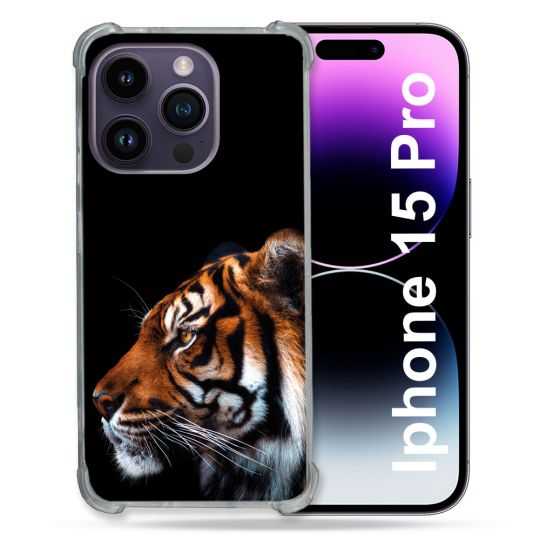 Coque Renforcée En Verre Trempé Pour Iphone 15 Pro (6.1) Animal Tigre Noir