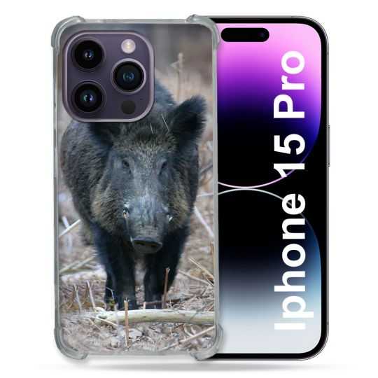 Coque Renforcée En Verre Trempé Pour Iphone 15 Pro (6.1) Chasse Sanglier Pin