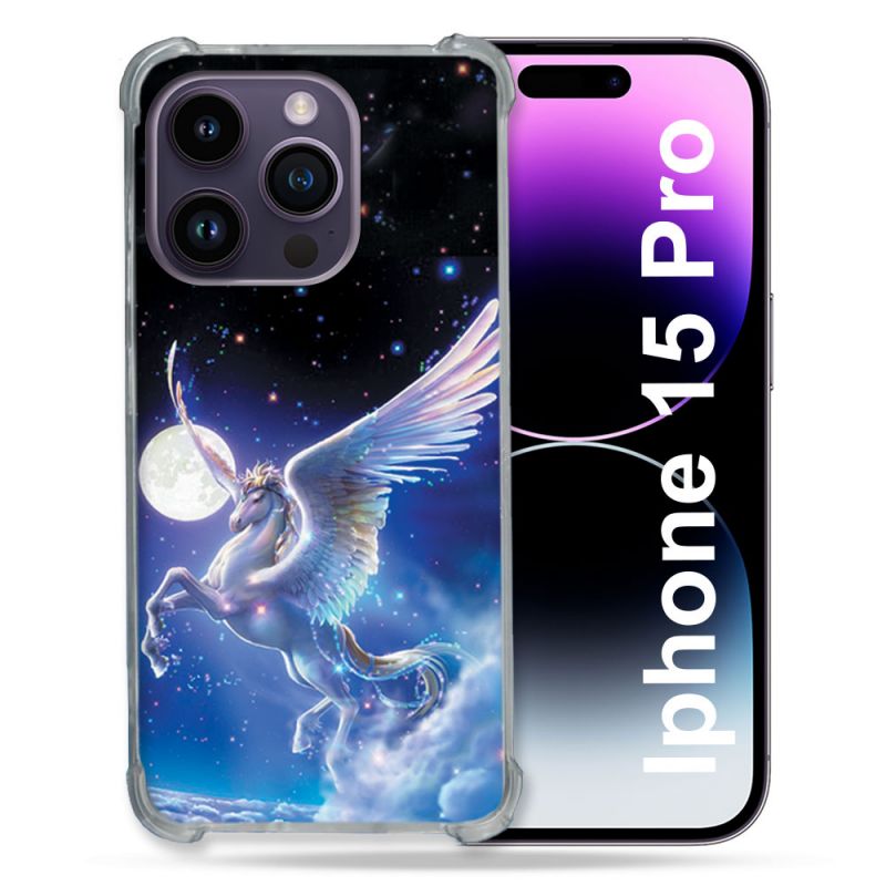 Coque Renforcée En Verre Trempé Pour Iphone 15 Pro (6.1) Fantastique Licorne Céleste