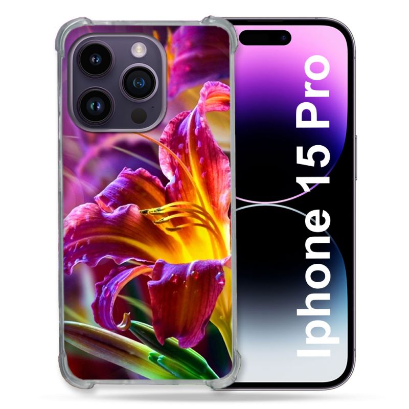 Coque Renforcée En Verre Trempé Pour Iphone 15 Pro (6.1) Fleur Lys Color
