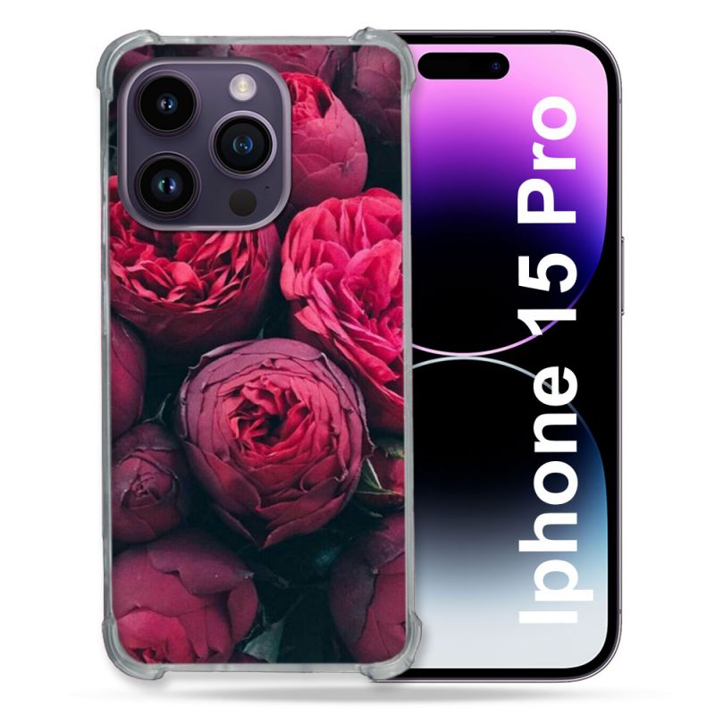 Coque Renforcée En Verre Trempé Pour Iphone 15 Pro (6.1) Fleur Pivoine