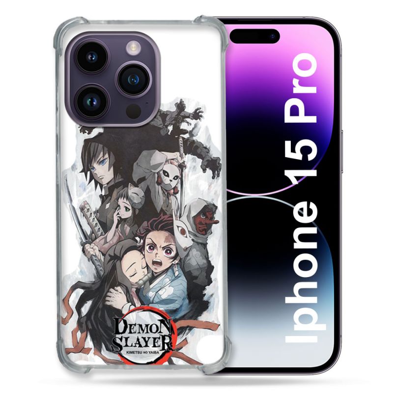 Coque Renforcée En Verre Trempé Pour Iphone 15 Pro (6.1) Manga Demon Slayer Blanc