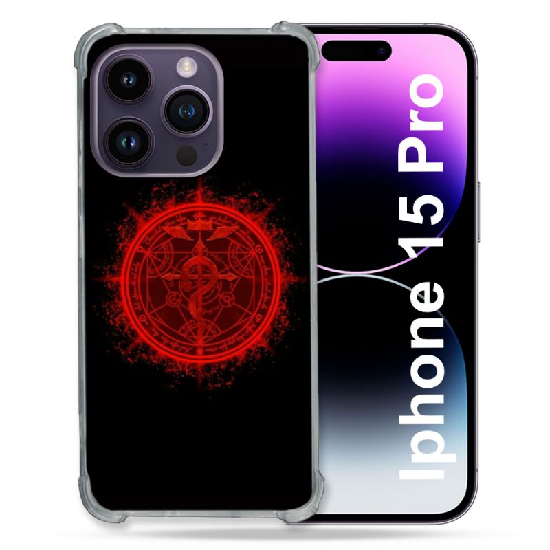 Coque Renforcée En Verre Trempé Pour Iphone 15 Pro (6.1) Manga Fullmetal Alchemist Logo