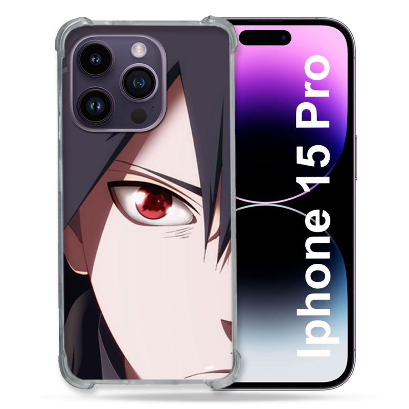Coque Renforcée En Verre Trempé Pour Iphone 15 Pro (6.1) Manga Naruto Sasuke visage