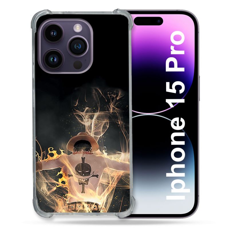Coque Renforcée En Verre Trempé Pour Iphone 15 Pro (6.1) Manga One Piece Ace Noir