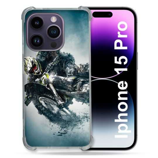 Coque Renforcée En Verre Trempé Pour Iphone 15 Pro (6.1) Moto Cross Ombre