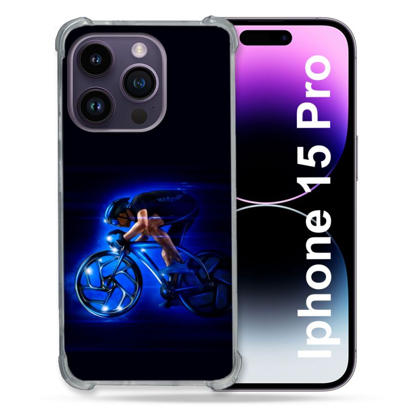 Coque Renforcée En Verre Trempé Pour Iphone 15 Pro (6.1) Sport Cyclisme Bleu