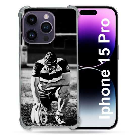 Coque Renforcée En Verre Trempé Pour Iphone 15 Pro (6.1) Sport Rugby Noir Blanc