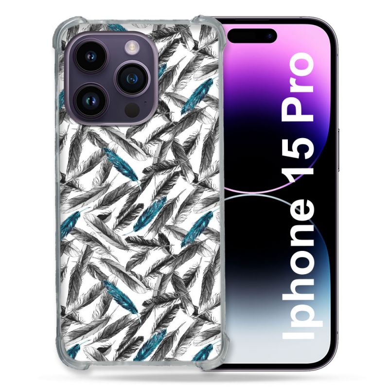 Coque Renforcée En Verre Trempé Pour Iphone 15 Pro (6.1) Texture Plume Canard