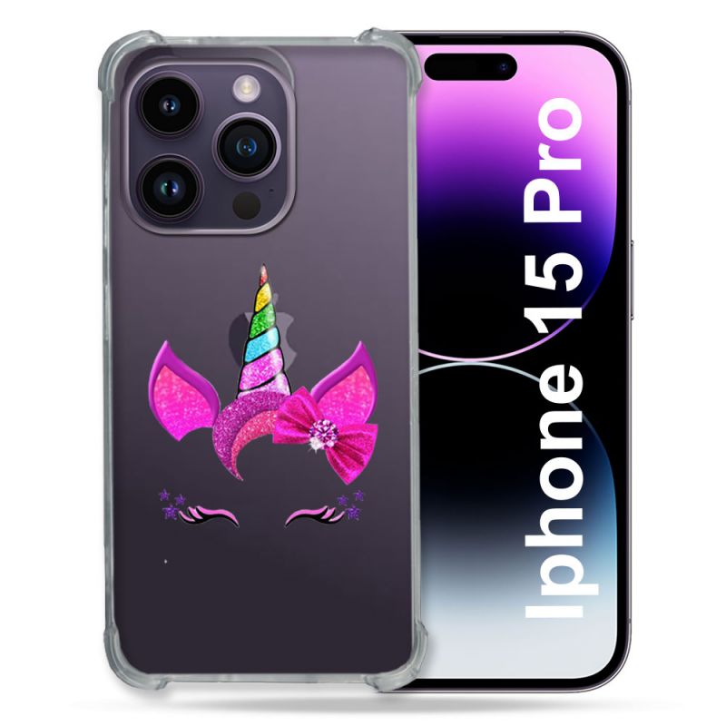 Coque Renforcée En Verre Trempé Transparente Pour Iphone 15 Pro (6.1) Licorne Paillette