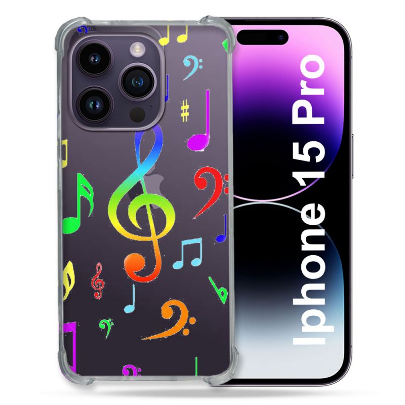 Coque Renforcée En Verre Trempé Transparente Pour Iphone 15 Pro (6.1) Note Musique Colore