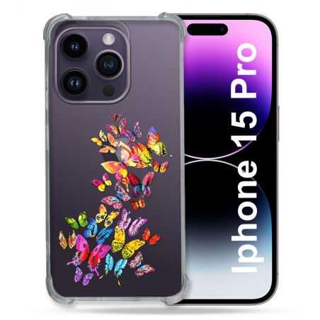 Coque Renforcée En Verre Trempé Transparente Pour Iphone 15 Pro (6.1) Papillon Multicolore