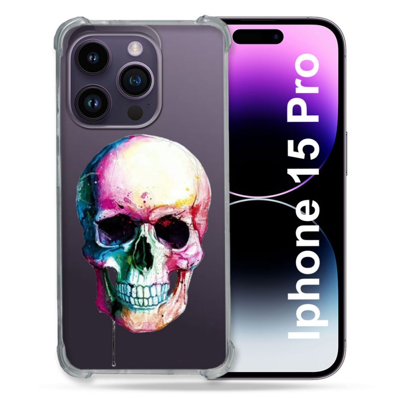 Coque Renforcée En Verre Trempé Transparente Pour Iphone 15 Pro (6.1) Skull Head Crane Colore