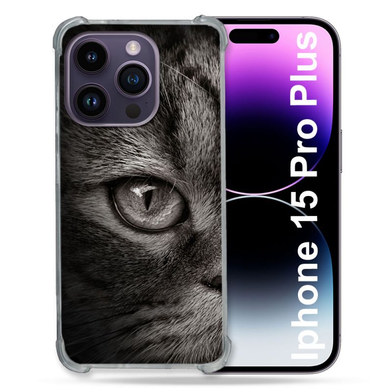 Coque Renforcée En Verre Trempé Pour Iphone 15 Pro Plus (6.7) Animal Chat Gris