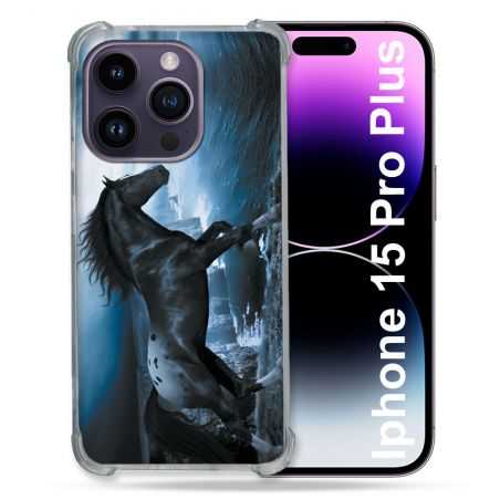 Coque Renforcée En Verre Trempé Pour Iphone 15 Pro Plus (6.7) Animal Cheval Noir