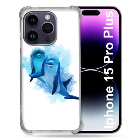 Coque Renforcée En Verre Trempé Pour Iphone 15 Pro Plus (6.7) Animal Dauphin Duo