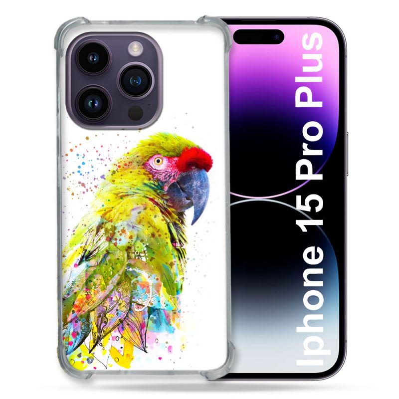 Coque Renforcée En Verre Trempé Pour Iphone 15 Pro Plus (6.7) Animal Perroquet Jaune