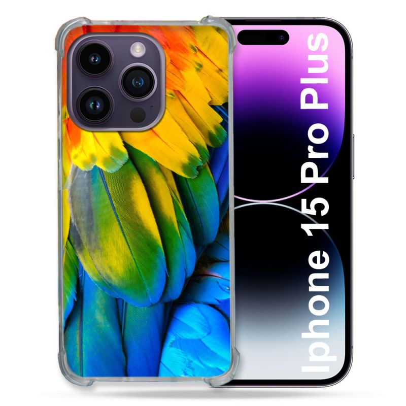 Coque Renforcée En Verre Trempé Pour Iphone 15 Pro Plus (6.7) Animal Perroquet Plume