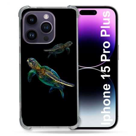 Coque Renforcée En Verre Trempé Pour Iphone 15 Pro Plus (6.7) Animal Tortue Noire multicolore