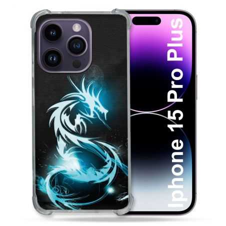 Coque Renforcée En Verre Trempé Pour Iphone 15 Pro Plus (6.7) Fantastique Dragon Bleu