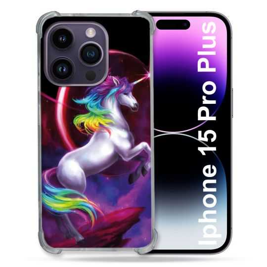 Coque Renforcée En Verre Trempé Pour Iphone 15 Pro Plus (6.7) Fantastique Licorne Arc en ciel