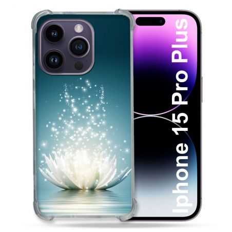 Coque Renforcée En Verre Trempé Pour Iphone 15 Pro Plus (6.7) Fleur Lotus Blanc