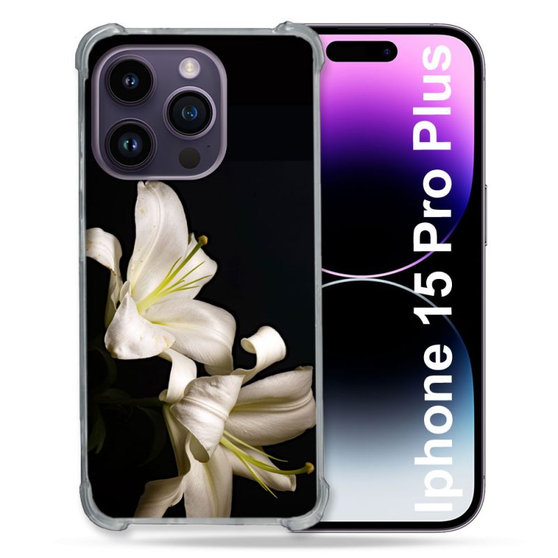 Coque Renforcée En Verre Trempé Pour Iphone 15 Pro Plus (6.7) Fleur Lys Noir