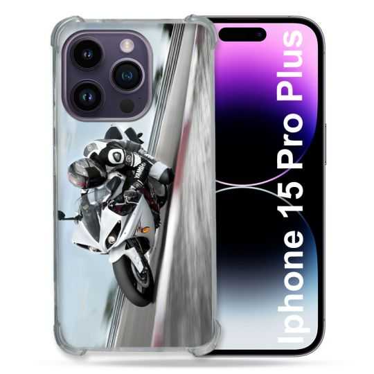 Coque Renforcée En Verre Trempé Pour Iphone 15 Pro Plus (6.7) Moto Course GP Blanche